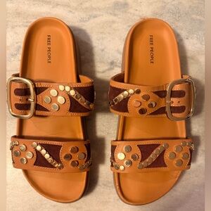 Free People Cognac Brown Leather Studded Buckle Slides